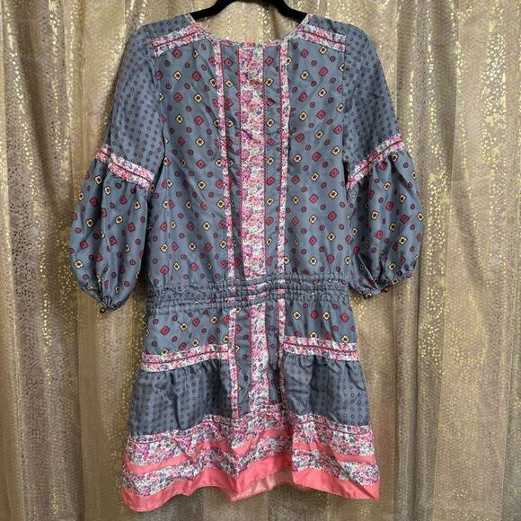 Vintage 2000s Juicy Couture Floral Pink Blue Gray Mini Dress Silk Size 6 - Picture 2 of 7